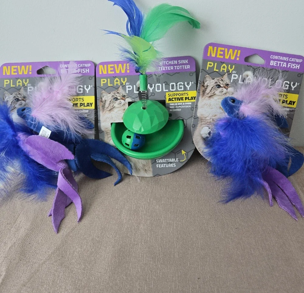 Playology Cat Toy Bundle (3‑Pack) – Catnip Betta Fish + Teeter Totter, New